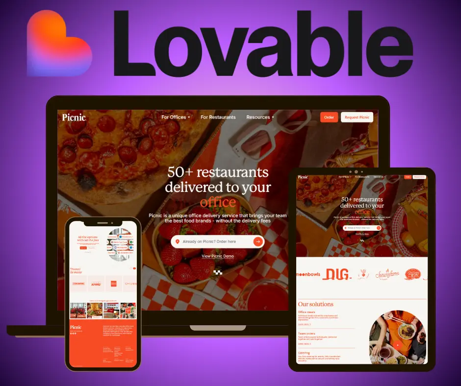 Responsive food marketplace shown on desktop, tablet, and mobile